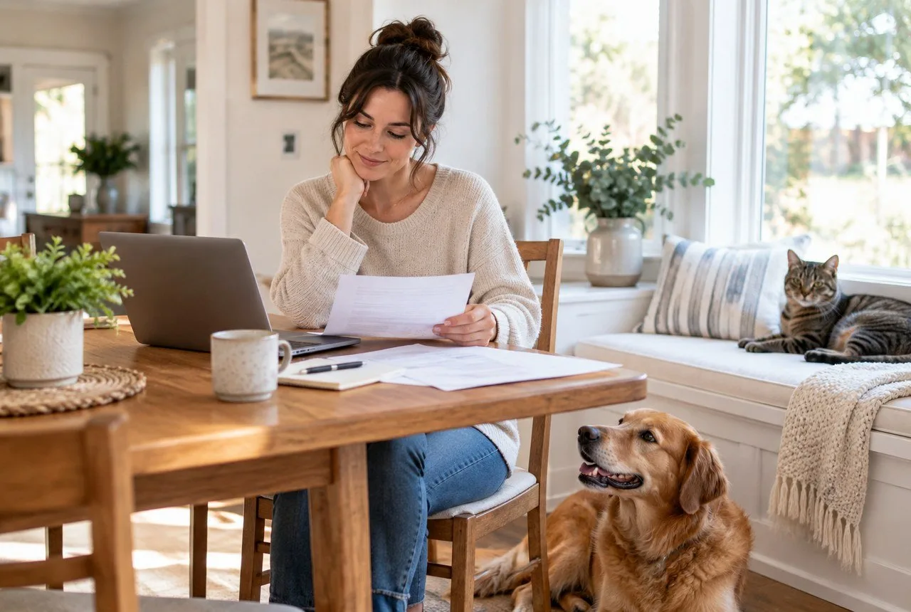 Owner reviewing papers with a dog near the table and a cat on the sofa